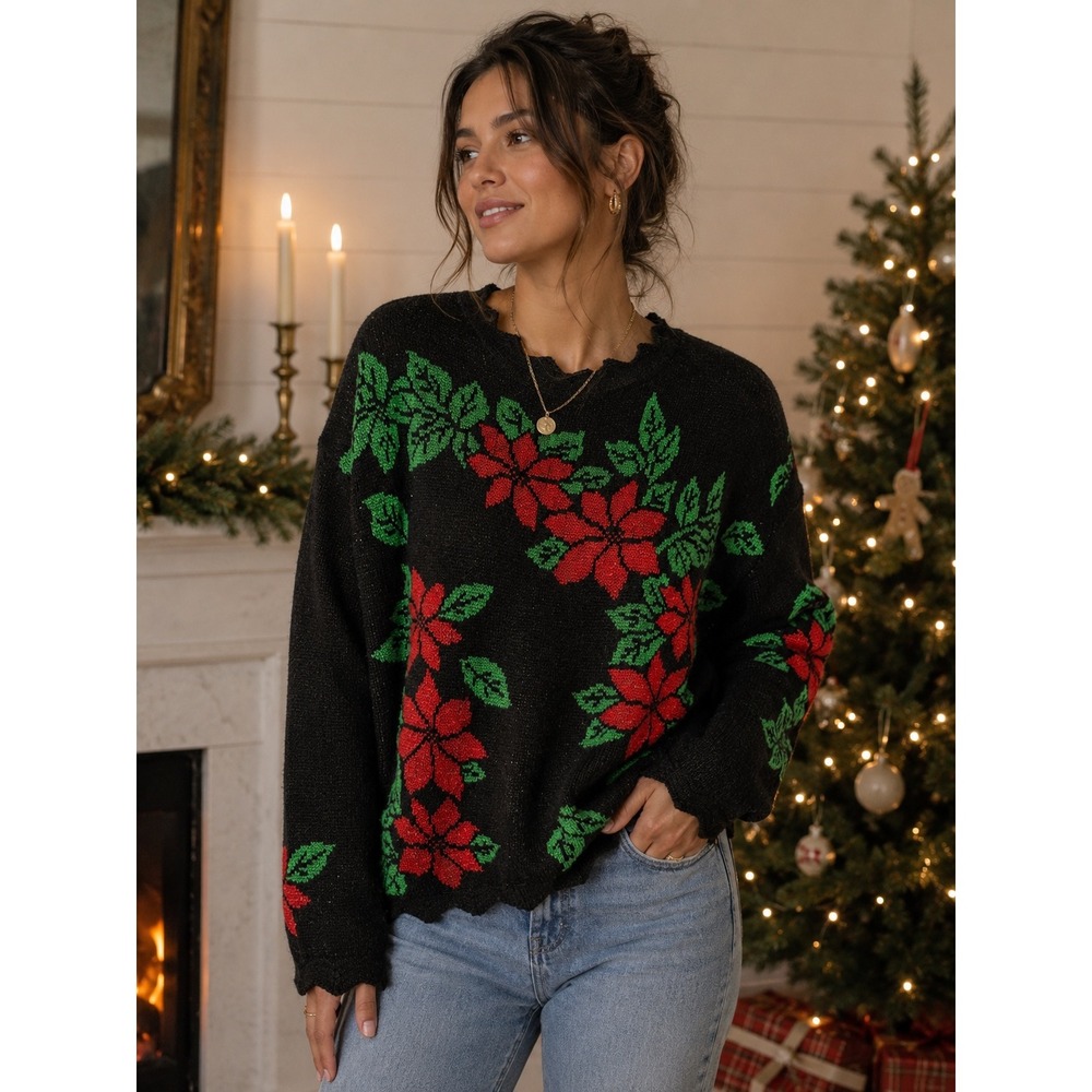 CENY Women Black Poinsettia Holiday Sweater Scalloped‎ Metallic Knit Crewneck M